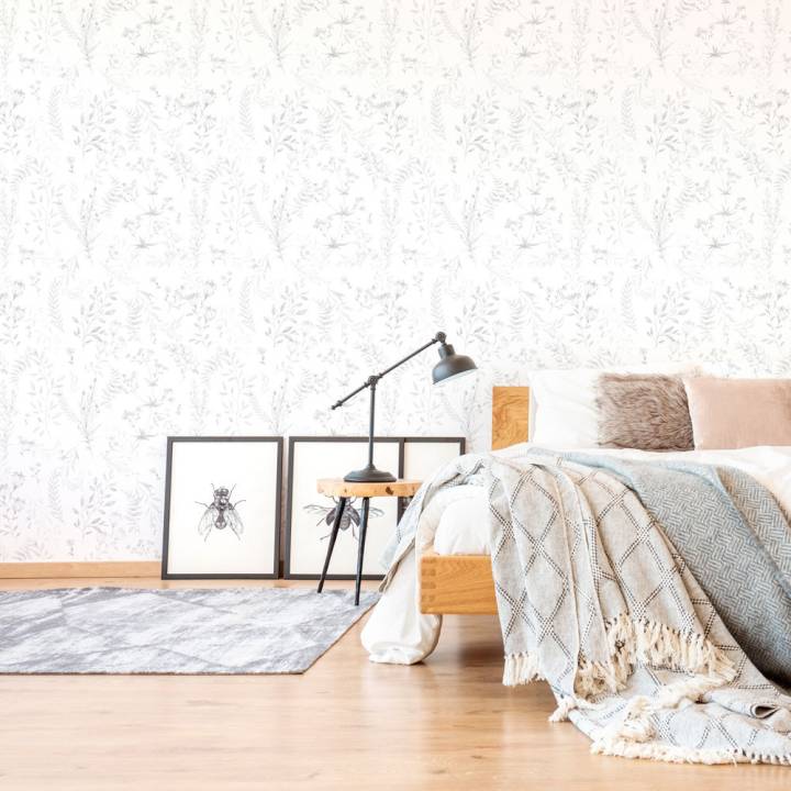 Papel pintado textil adhesivo con hojas a lápiz