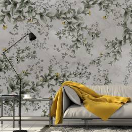 Mural textil adhesivo con jardín en fondo gris