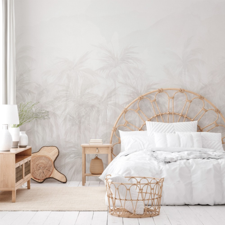 Mural textil, diseño botánico, con sombras de palmeras