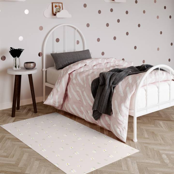 Alfombra infantil vinilo acolchado, rosa con flores margaritas