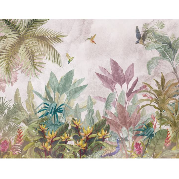 Mural botánico con plantas tropicales de colores