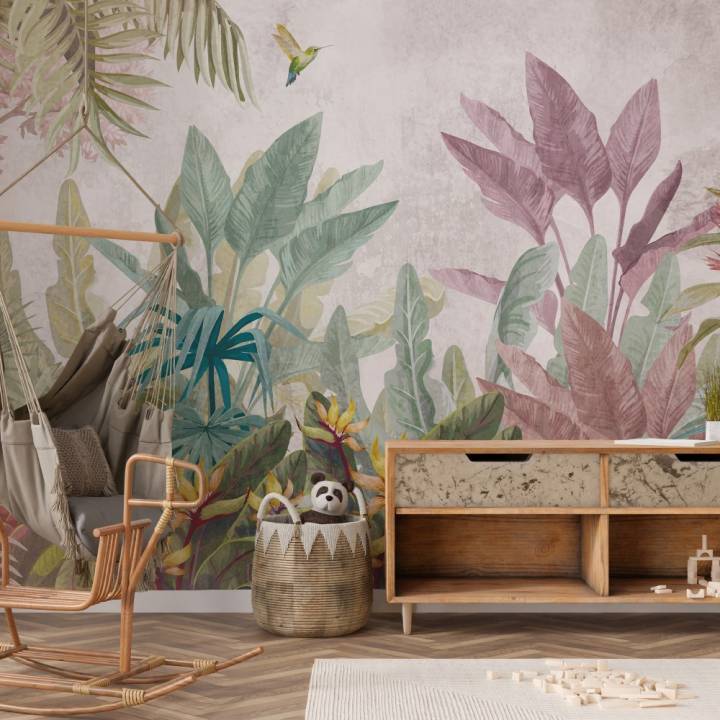 Mural botánico con plantas tropicales de colores
