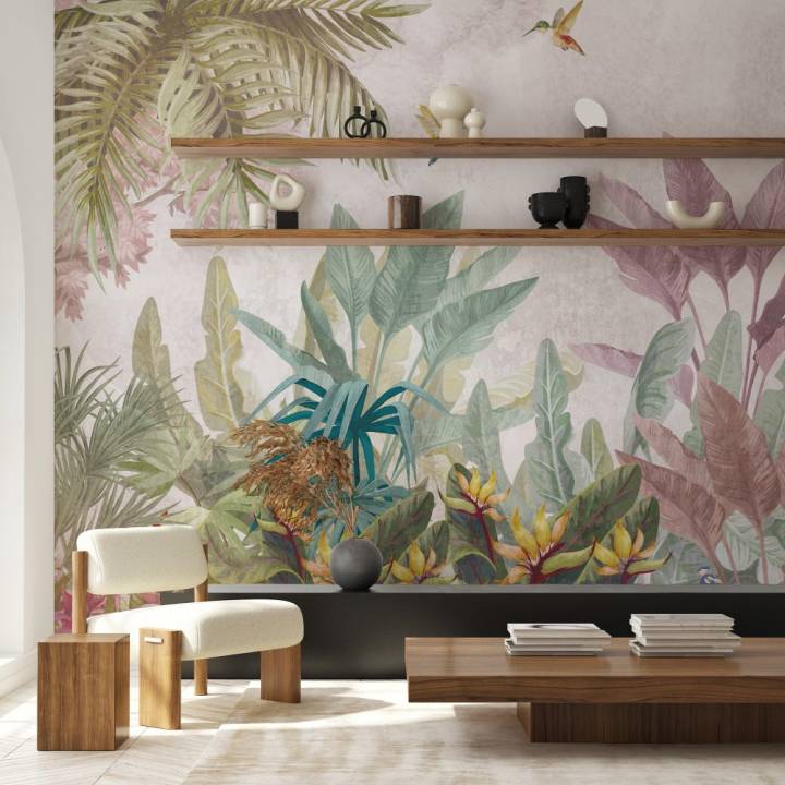 Mural botánico con plantas tropicales de colores